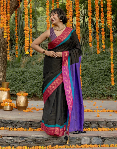 Cotton Acrylic Saree With Thick Zari Border And Tassels