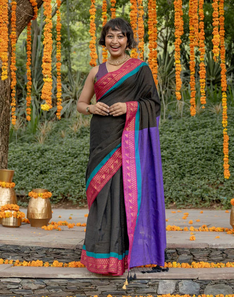 Cotton Acrylic Saree With Thick Zari Border And Tassels