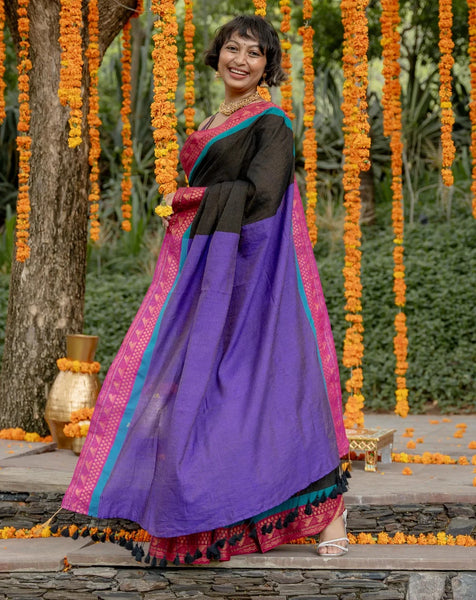 Cotton Acrylic Saree With Thick Zari Border And Tassels