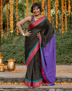 Cotton Acrylic Saree With Thick Zari Border And Tassels