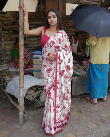 White Mulmul Cotton Printed Saree With Red Border