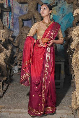 Red And Maroon Mul Modal Saree With Foil Printed Design