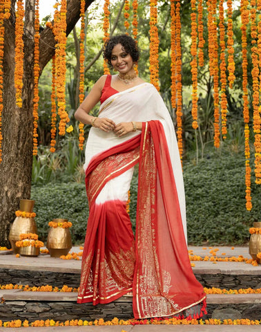 White And Red Mulmul Cotton Saree With Foil Printed Border