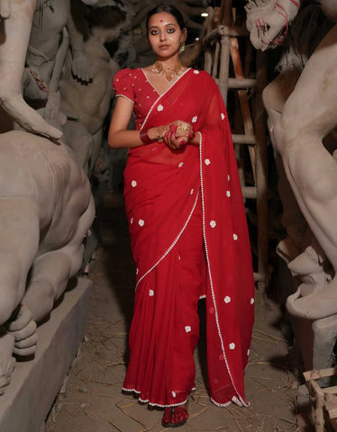 Red Mulmul Cotton Saree WIth Crochet Flowers