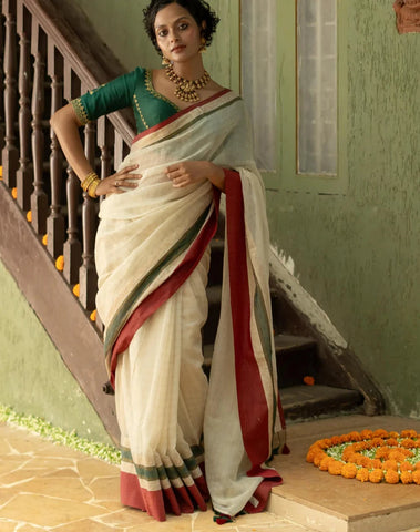 Off White Mulmul Cotton Vibrant Saree With Tassels