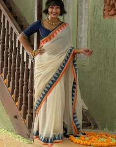 Off White Mulmul Cotton Saree With Golden Striped & Temple Border