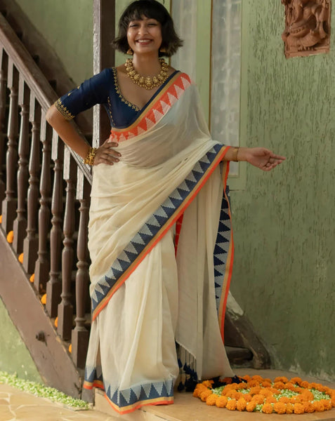 Off White Mulmul Cotton Saree With Golden Striped & Temple Border