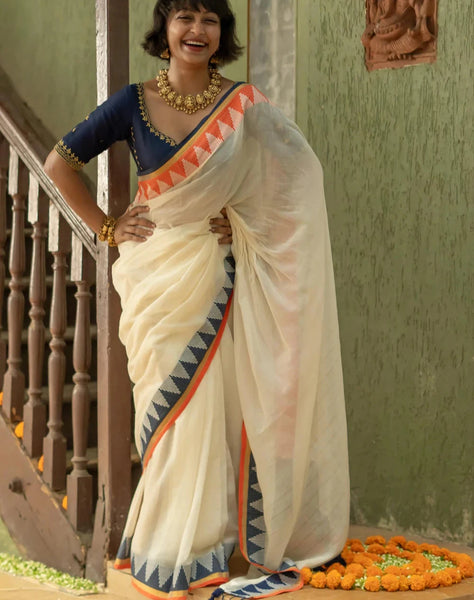 Off White Mulmul Cotton Saree With Golden Striped & Temple Border