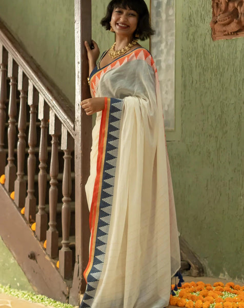 Off White Mulmul Cotton Saree With Golden Striped & Temple Border