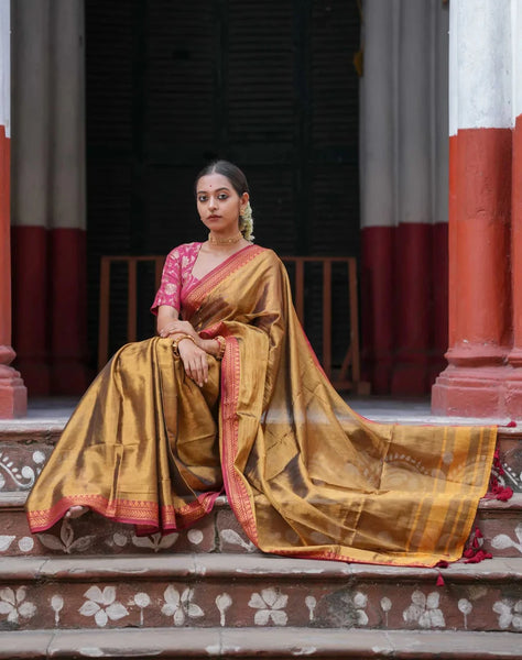 Dual-colored Gold Tissue Cotton Saree With Red Jacquard Border