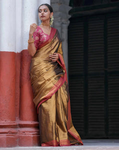 Dual-colored Gold Tissue Cotton Saree With Red Jacquard Border