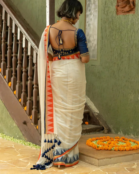 Off White Mulmul Cotton Saree With Golden Striped & Temple Border