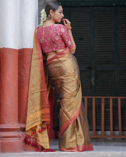 Dual-colored Gold Tissue Cotton Saree With Red Jacquard Border