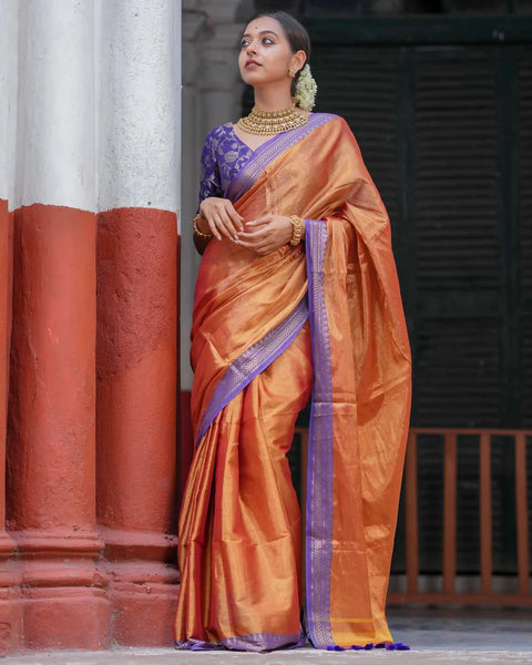 Captivating Dual-colored Copper Tissue Cotton Saree