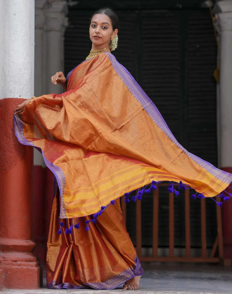 Captivating Dual-colored Copper Tissue Cotton Saree