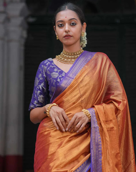 Captivating Dual-colored Copper Tissue Cotton Saree