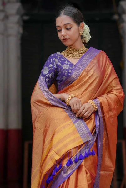 Captivating Dual-colored Copper Tissue Cotton Saree