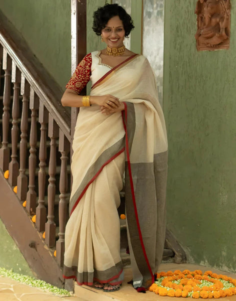 Off White Mulmul Cotton Golden Zari Stripes Saree With Tassels