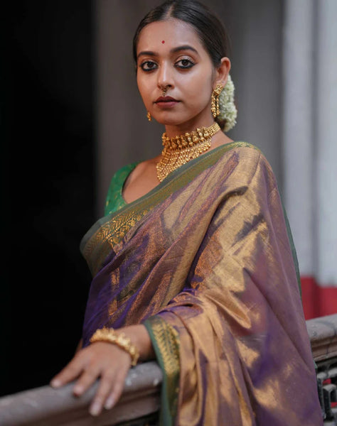 Dual-colored Antique Gold Saree In Tissue Cotton