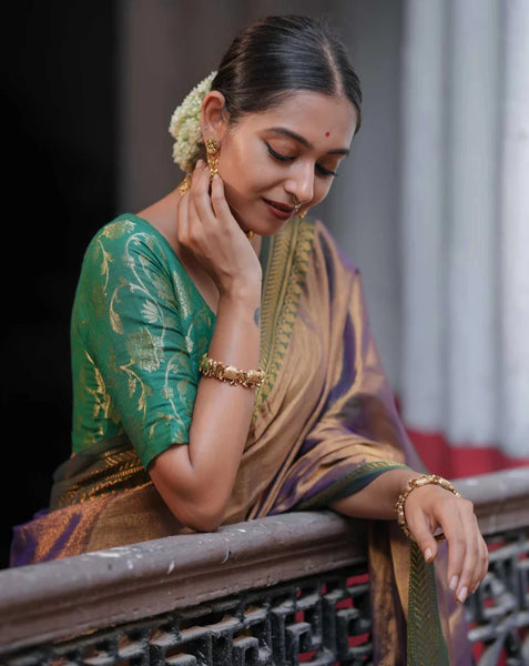 Dual-colored Antique Gold Saree In Tissue Cotton