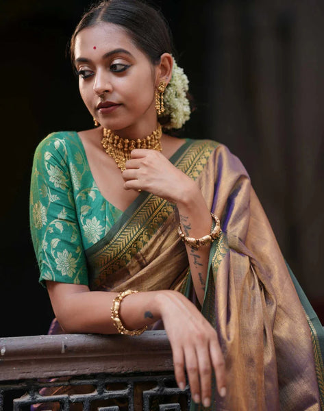 Dual-colored Antique Gold Saree In Tissue Cotton