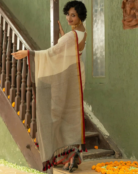 Off White Mulmul Cotton Golden Zari Stripes Saree With Tassels