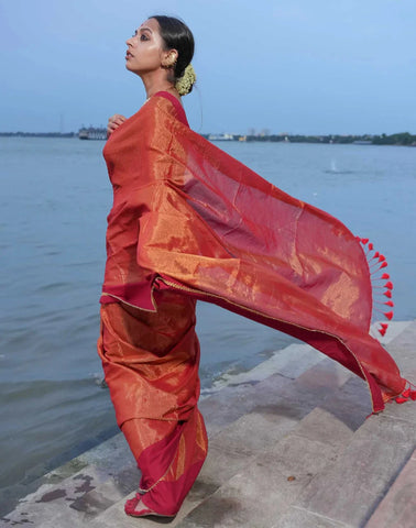 Maroon And Gold Acrylic Cotton Shiny Saree With Tassels