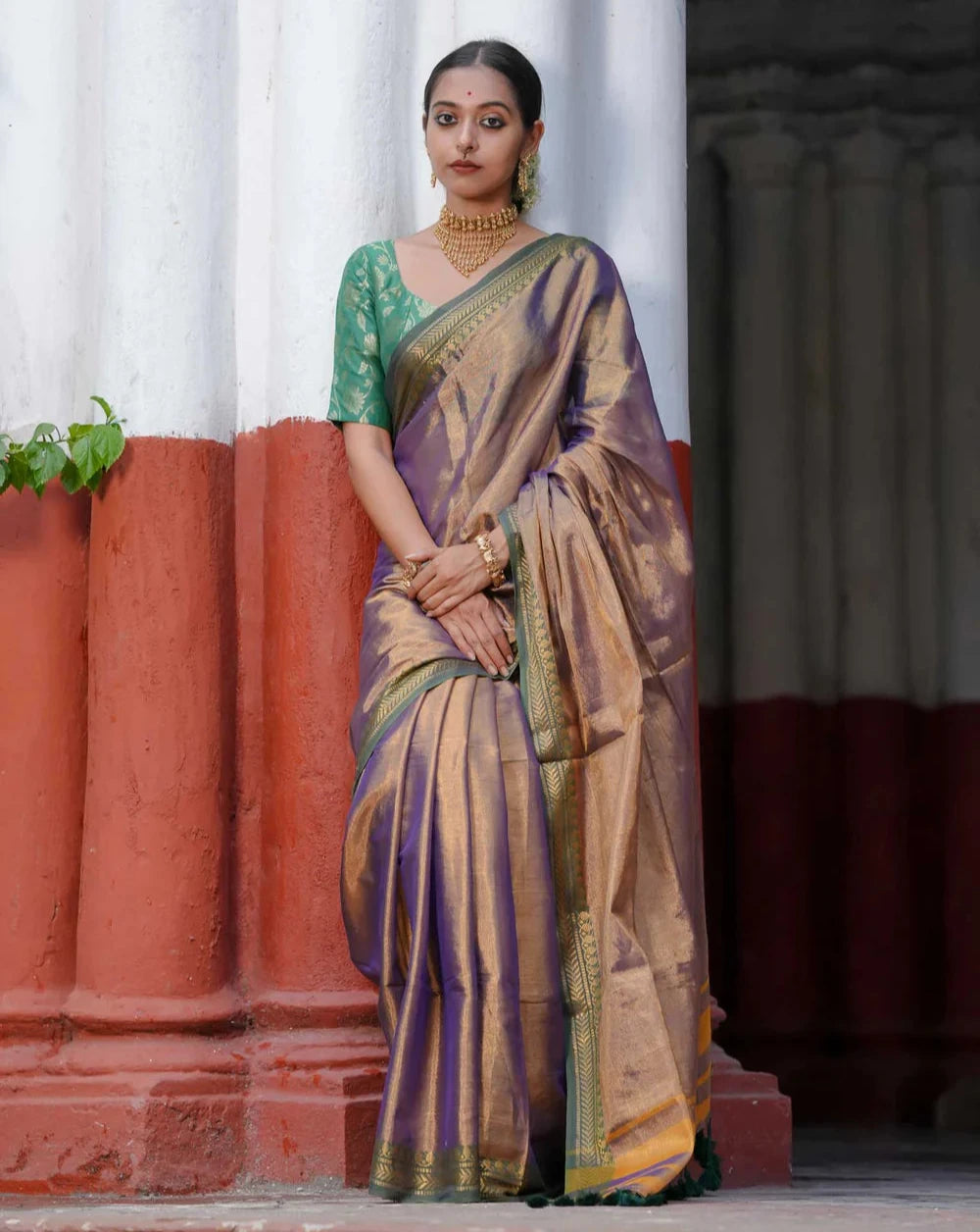 Dual-colored Antique Gold Saree In Tissue Cotton