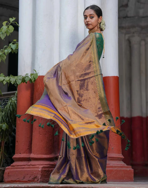 Dual-colored Antique Gold Saree In Tissue Cotton