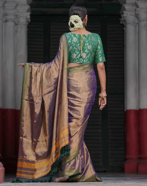 Dual-colored Antique Gold Saree In Tissue Cotton