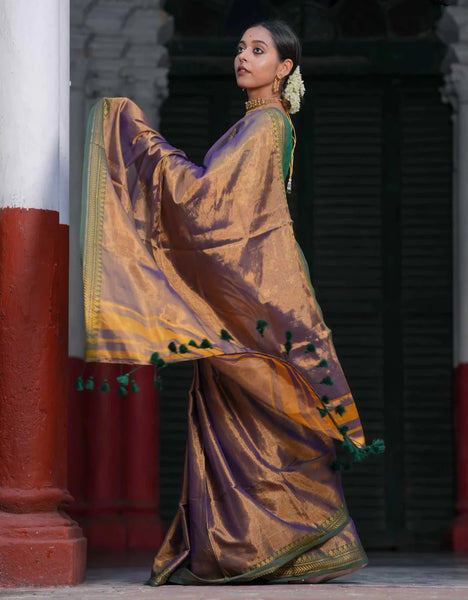 Dual-colored Antique Gold Saree In Tissue Cotton