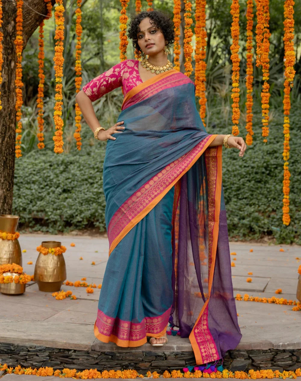 Rich Acrylic Cotton Zari Saree With Colorful Tassels