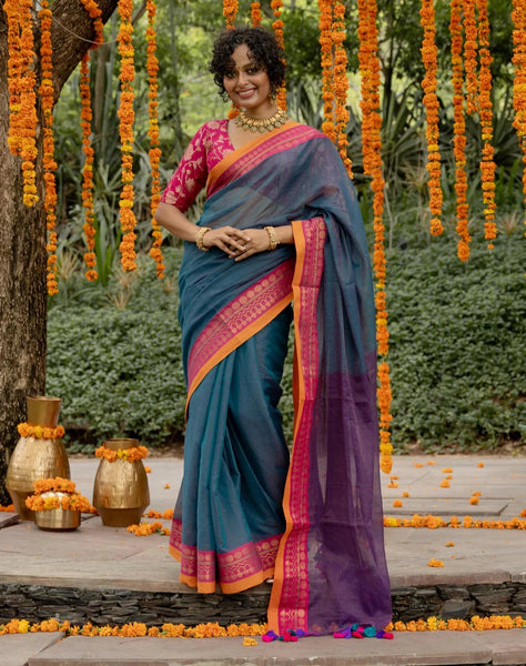 Rich Acrylic Cotton Zari Saree With Colorful Tassels