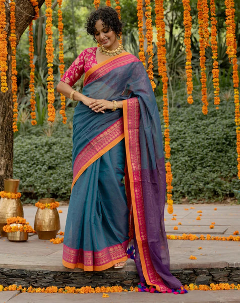 Rich Acrylic Cotton Zari Saree With Colorful Tassels