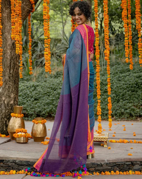 Rich Acrylic Cotton Zari Saree With Colorful Tassels