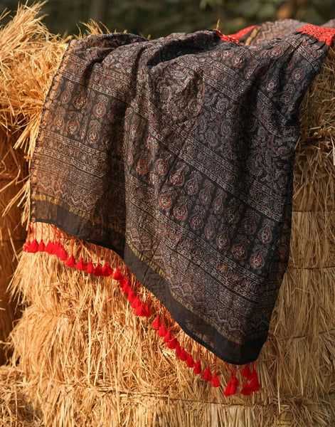 Red And Black Chanderi Silk Bandhani Ajrakh Saree With Tassels