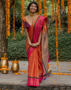 Red Mul Cotton Saree With Running Zari And Colorful Tassels