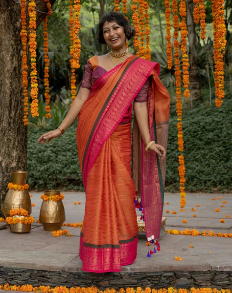 Red Mul Cotton Saree With Running Zari And Colorful Tassels