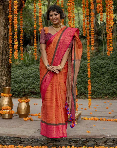 Red Mul Cotton Saree With Running Zari And Colorful Tassels