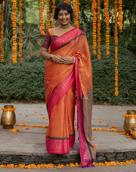 Red Mul Cotton Saree With Running Zari And Colorful Tassels