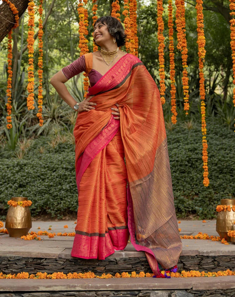 Red Mul Cotton Saree With Running Zari And Colorful Tassels