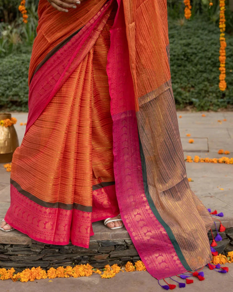 Red Mul Cotton Saree With Running Zari And Colorful Tassels