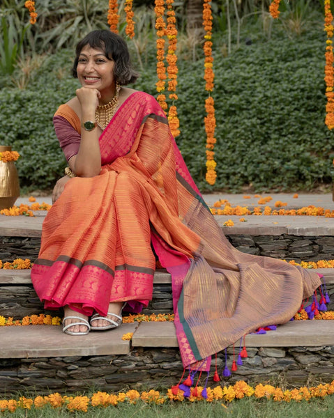 Red Mul Cotton Saree With Running Zari And Colorful Tassels