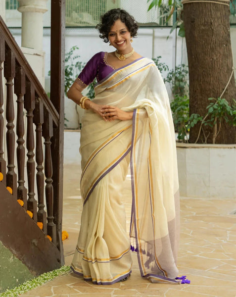 Off White Mulmul Cotton Zari Stripes Saree With Tassels