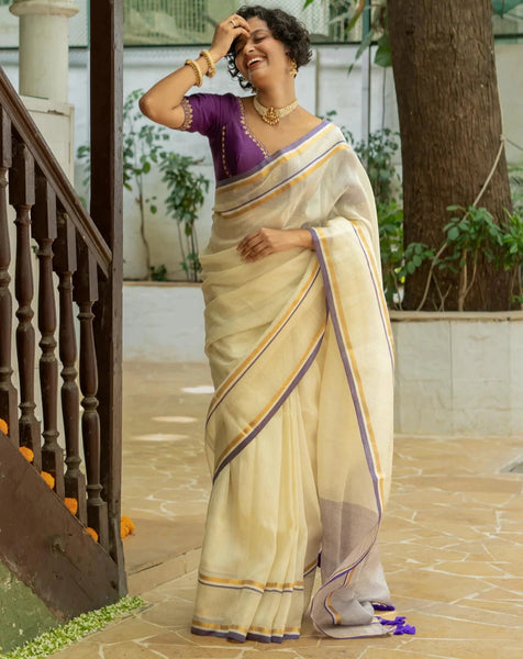 Off White Mulmul Cotton Zari Stripes Saree With Tassels