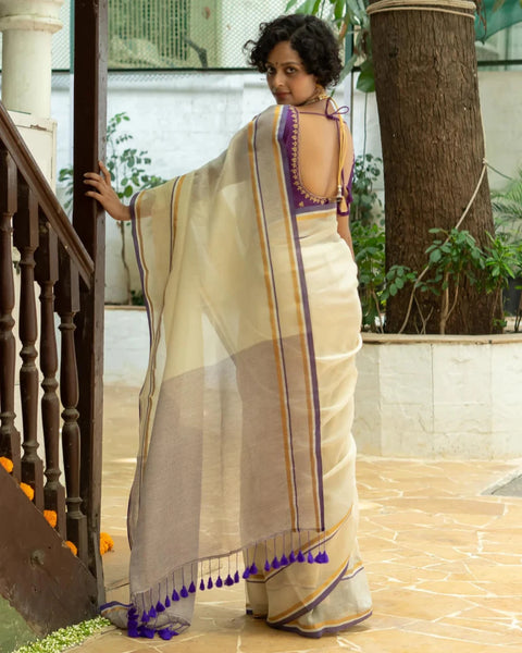 Off White Mulmul Cotton Zari Stripes Saree With Tassels