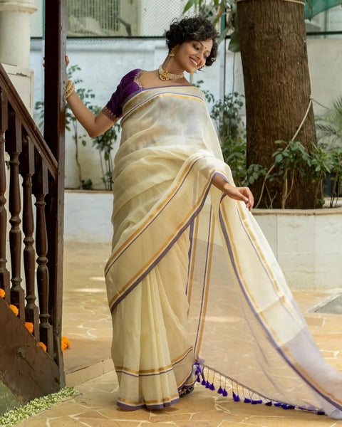 Off White Mulmul Cotton Zari Stripes Saree With Tassels