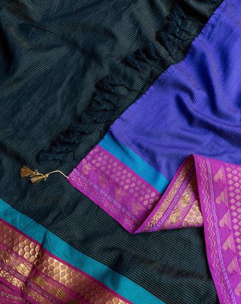 Cotton Acrylic Saree With Thick Zari Border And Tassels