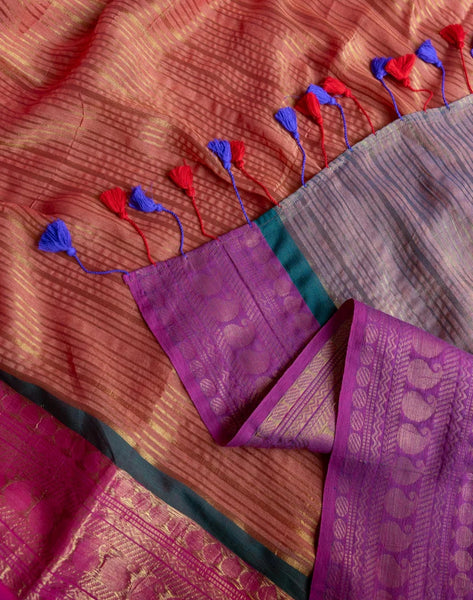 Red Mul Cotton Saree With Running Zari And Colorful Tassels