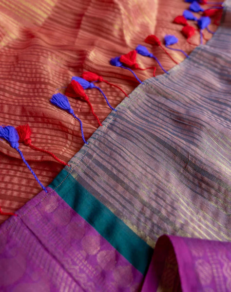 Red Mul Cotton Saree With Running Zari And Colorful Tassels